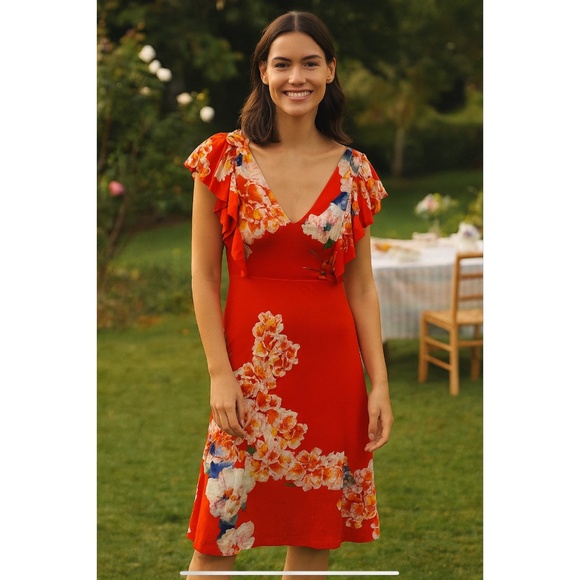 ROBERTO CAVALLI CLASS VESTITO JERSEY DRESS ORANGE FLORAL RUFFLE SLEEVE NWT 6 - Picture 1 of 11